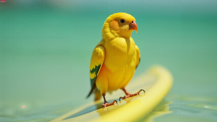 A Colorful Yellow Bird Perched Gracefully on a Surfboard, Merging Nature's Beauty with the Spirit of Adventure