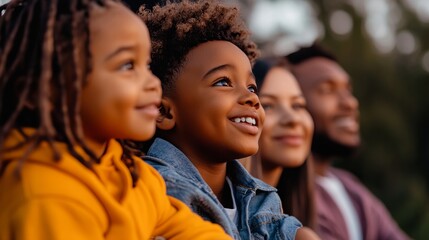 Obraz premium Two young Black children look up with wonder and smiles as their parents look on.