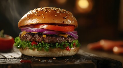 Crispy Burger with Sweet Red Onions and Juicy Tomato photo