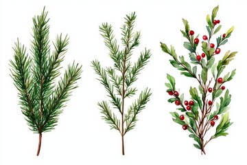 Evergreen branches and holly sprigs in botanical illustration style symbolizing holiday decoration natures beauty and classic winter greenery in seasonal decor