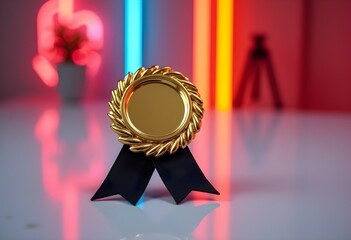 gold badge with a black ribbon, displayed on a glossy white table. create with ai