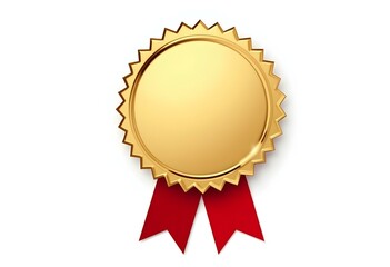 blank gold badge with a red ribbon draped across the bottom, isolated on a pure white background, front view create with ai