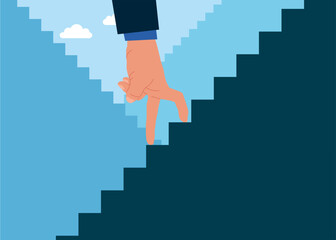 Hand rising stairs to try to reach the top. Work improvement, career growth or performance to achieve success, progress or challenge concept. 