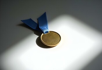 plain gold badge with a blue ribbon attached, positioned at an angle on a bright white surface create with ai