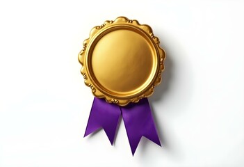 polished gold badge with a purple ribbon attached, highlighted with dramatic lighting against a white background create with ai