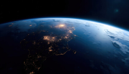 A stunning view of Earth from space, showcasing the planet's vibrant blue oceans, swirling white clouds, and green landmasses, with distant stars twinkling in the background.