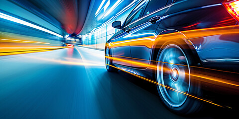 A sleek black car in motion, captured with a motion blur effect, showcasing dynamic lines of light that suggest speed. The background features a tunnel with illuminated walls