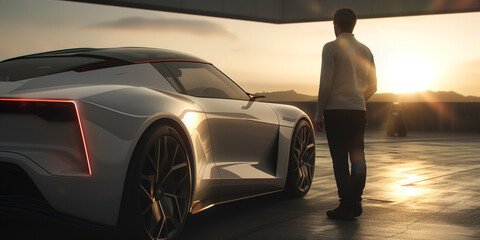 A futuristic car parked in a modern setting, with a person standing beside it, gazing at a sunset....