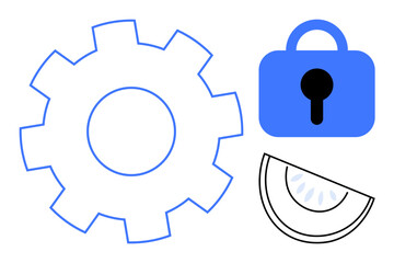 Gear, lock, and semi-circle diagram with blue tones. Ideal for technology, engineering, security, mechanics, and data protection. Simple vector style emphasizing key themes