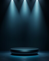A sleek metal podium takes center stage, encircled by hovering digital holograms, as bright spotlights shoot out sharp rays of light.