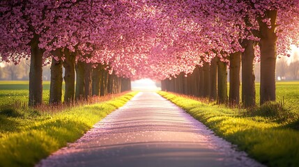 A peaceful countryside road lined with blossoming cherry trees, petals gently falling to the ground as a light breeze passes through