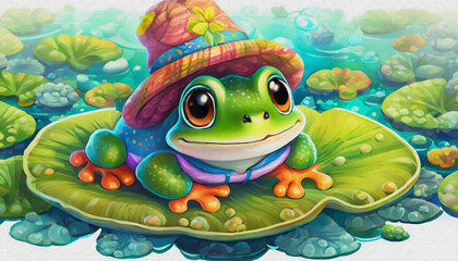 oil painting style cartoon CHARACTER illustration  CUTE baby Frog resting on a lily pad 