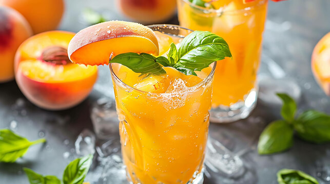 Refreshing peach cocktail with basil leaves and ice cubes. Perfect for summer parties and get-togethers.