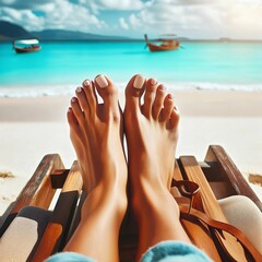 Beach vacation. Feet relaxing. Enjoying the sea and sun. Fine soft sand. Vacation. Blue water. Beach loungers. Sunbathing. Generative AI