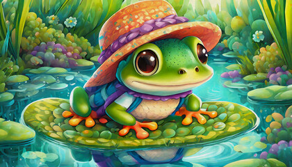oil painting style cartoon CHARACTER illustration  CUTE baby Frog resting on a lily pad 