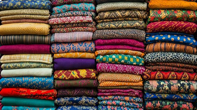 Stacks of colorful fabric are neatly folded at a market stall
