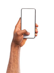 Mockup image of black man's hand holding smartphone with blank screen isolated on white background, copy space