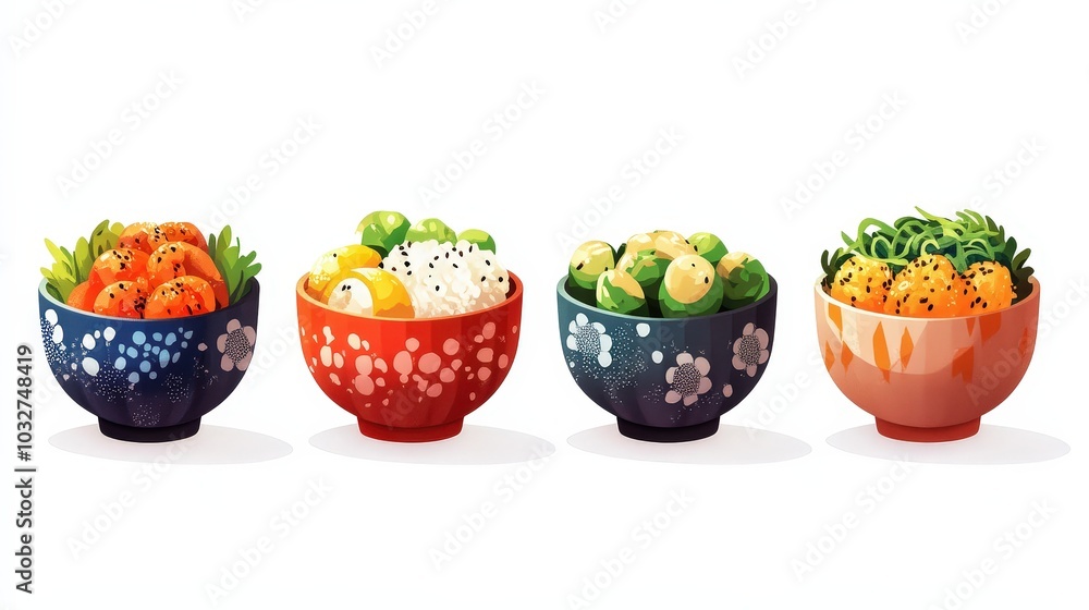 Poster bibimbap low poly divider icons for website - minimalist, playful game asset style with delicate chr