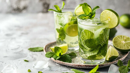 Fototapeta premium Refreshing mojito cocktail with lime and mint on a gray background. The image has a nice depth of field and a beautiful bokeh.