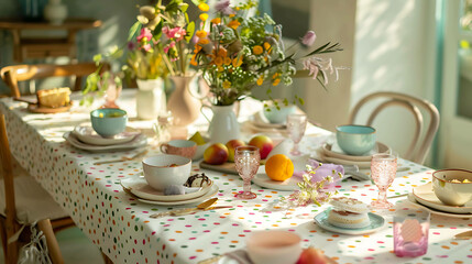 Beautiful table setting with flowers, fruit, and colorful dishes. The table is set with a white tablecloth and polka dot napkins.