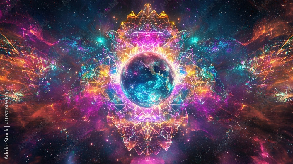 Poster a colorful computer-generated image of earth surrounded by various light shapes is depicted at the i
