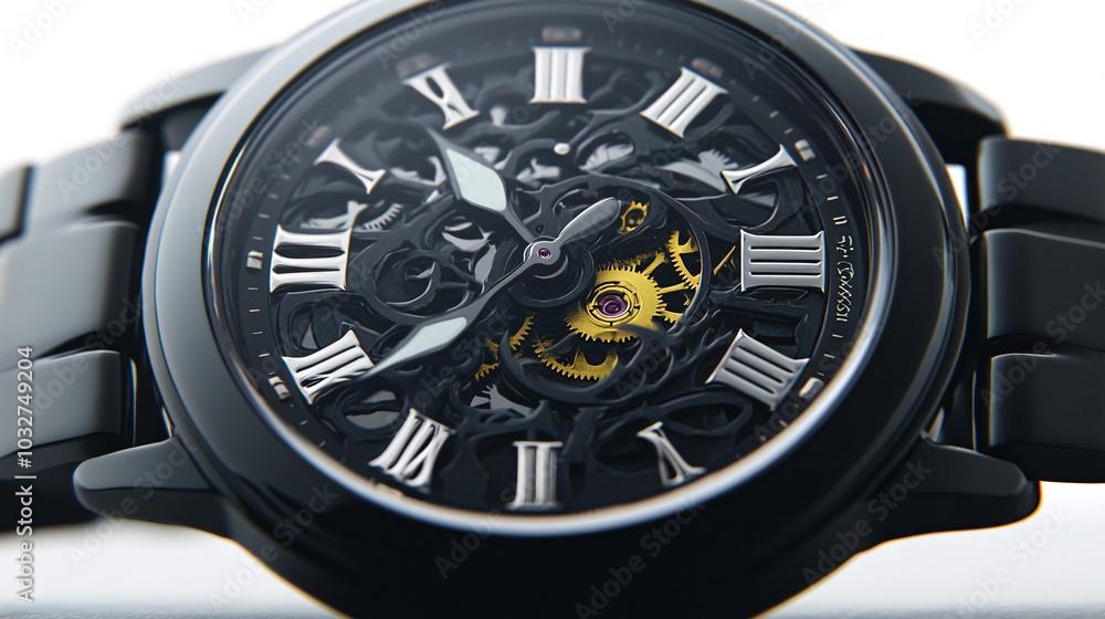 Poster close-up of a black wristwatch with roman numeral markings and a skeletonized dial, showcasing the i