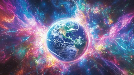   A stunning view of Earth from space, surrounded by a vibrant burst of light and brilliant stars