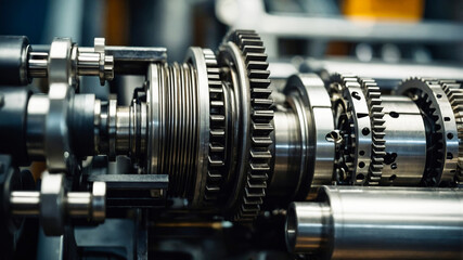 Closeup view of complex metal gear system working