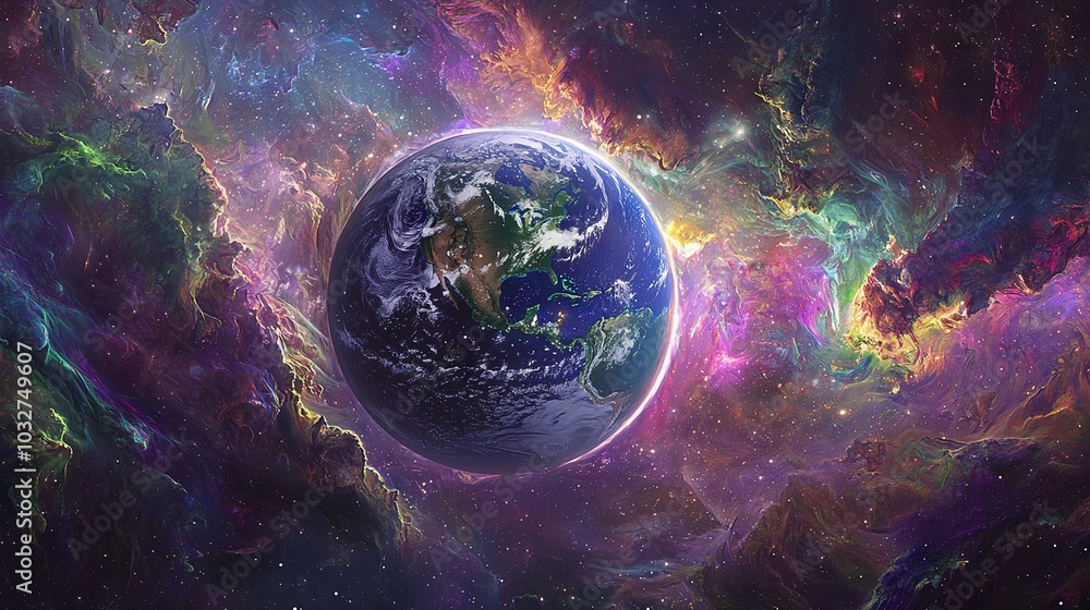 Poster a vibrant image portrays earth at its core, surrounded by an array of celestial objects
