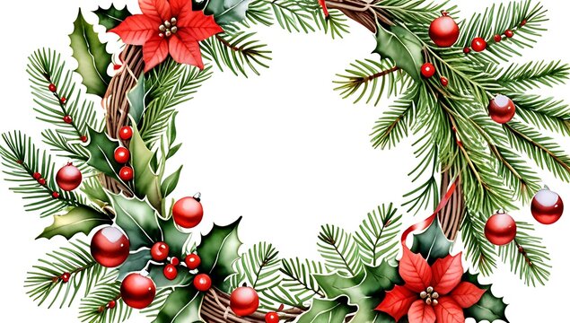 christmas floral greenery spruce wreath surrounds watercolor image winter scene festive holiday theme isolated white