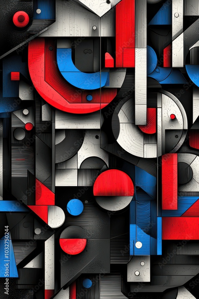 Aufkleber dynamic 3d graffiti shapes in black, red, and blue tones creating a striking modern abstract art com