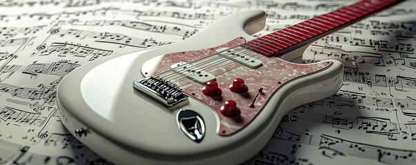 3D cartoon style white electric guitar with vibrant red musical notes on a decorative sheet music...