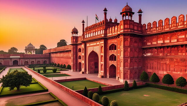 A detailed view of the historic Shahi Qila (Lahore Fort) at sunset, showcasing its grand Mughal architecture. The scene captures the majestic Alamgiri Gate with intricate red sandstone carvings, tower