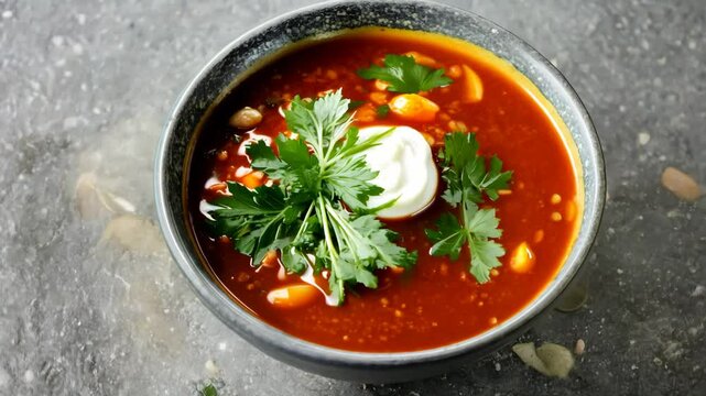 A hearty bowl of Ukrainian borscht is shown, garnished with a swirl of sour cream and a sprig of fresh parsley.