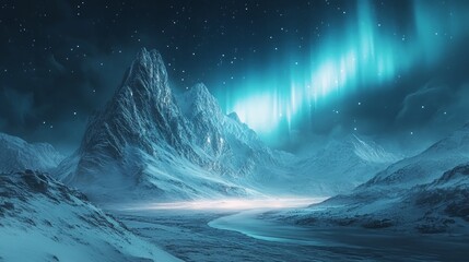 Fototapeta premium Winter mountainous landscape under the mystical aurora borealis. the scene is set against a backdrop of snow-capped peaks and a winding beach, creating a truly serene and awe-inspiring atmosphere.