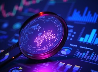 Financial analytics, business trends exploring, cold blue tones, Data analysis, search engine optimization or SEO. magnifier, charts, graphs. ultraviolet and neon screen