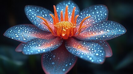   A zoomed-in image of a blue-orange blossom with water droplets and a green leaf surrounding it