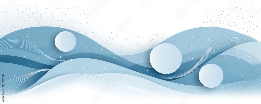 Poster abstract blue card design with three white circles and curved lines creating a serene composition