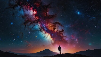 Fototapeta premium Dreams, galaxies, nebulae, infinity A male man stands and looks at the magnificent sky, the stars, the universe, the planets.