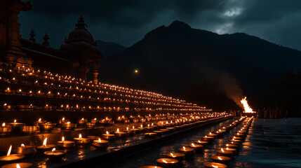 Karthigai Deepam festival at Annamalaiyar Temple, thousands of oil lamps are lit along the temple stairs, mountain peaks are decorated with large fire lights that burn brightly at night