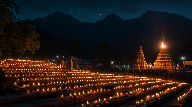 Karthigai Deepam festival at Annamalaiyar Temple, thousands of oil lamps are lit along the temple stairs, mountain peaks are decorated with large fire lights that burn brightly at night