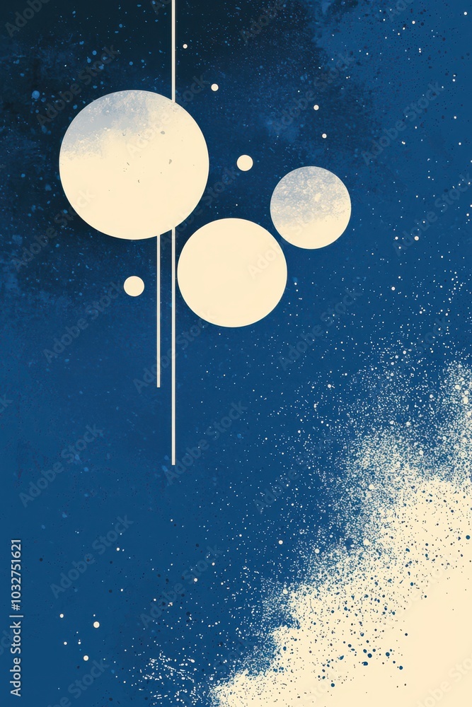 Poster abstract blue background with white circles and speckle patterns in a minimalist geometric design