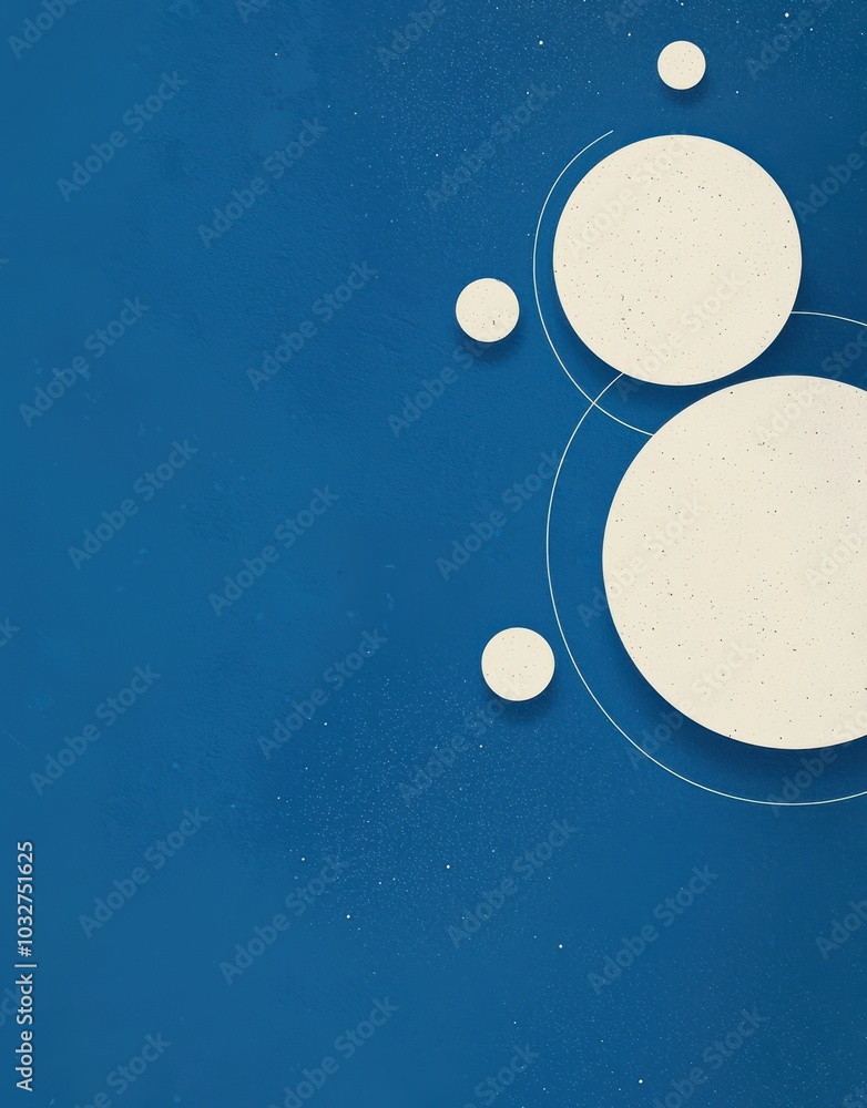 Poster abstract minimalist blue card with white circles and delicate dot patterns on a tranquil background