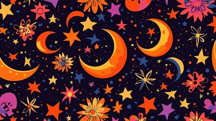   A celestial arrangement featuring a sequence of stars, moon, and stars against a dark blue backdrop, adorned with orange and purple celestial bodies
