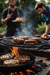 Friends, grilling meat and hamburgers together. on the iron stove man cooking delicious food.