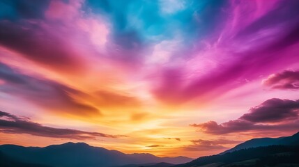 A stunning sunset over a mountain range, showcasing vibrant hues of pink, orange, and blue.