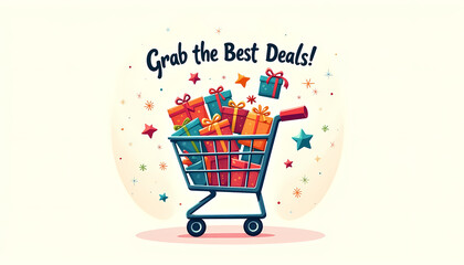 Shopping cart full of gifts with Grab the Best Deals message.