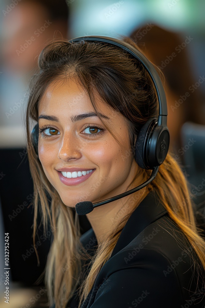 Poster close-up of a smiling customer support representative wearing a headset, representing friendly commu