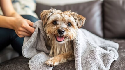 A pet owner drying off a wet dog after a bath, using a towel to remove excess water in a cozy living room