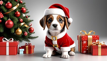 colorful festive holiday clip art features cute puppy dressed santa